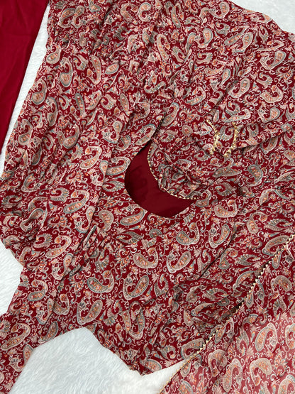 PAISLEY KALAMKARI PRINT MARRON ANARKALI 3PC KURTA SET
