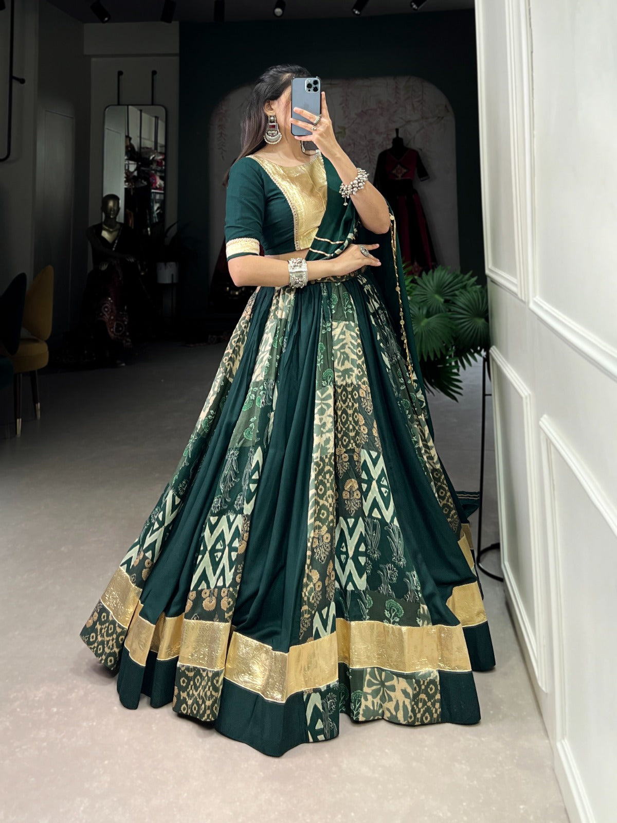 GREEN RAYON WITH TUSSAR SILK NAVARATRI LEHENGA