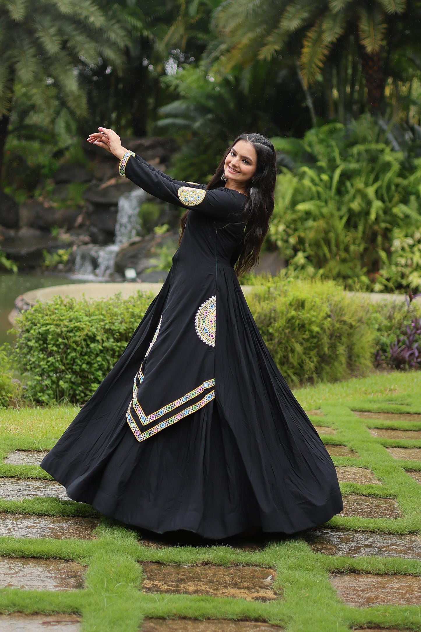 BLACK RAYON WITH KUTCHI GAMTHI LACE NAVARATRI GOWN