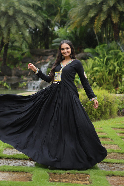 BLACK RAYON WITH KUTCHI GAMTHI LACE NAVARATRI GOWN