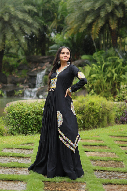 BLACK RAYON WITH KUTCHI GAMTHI LACE NAVARATRI GOWN