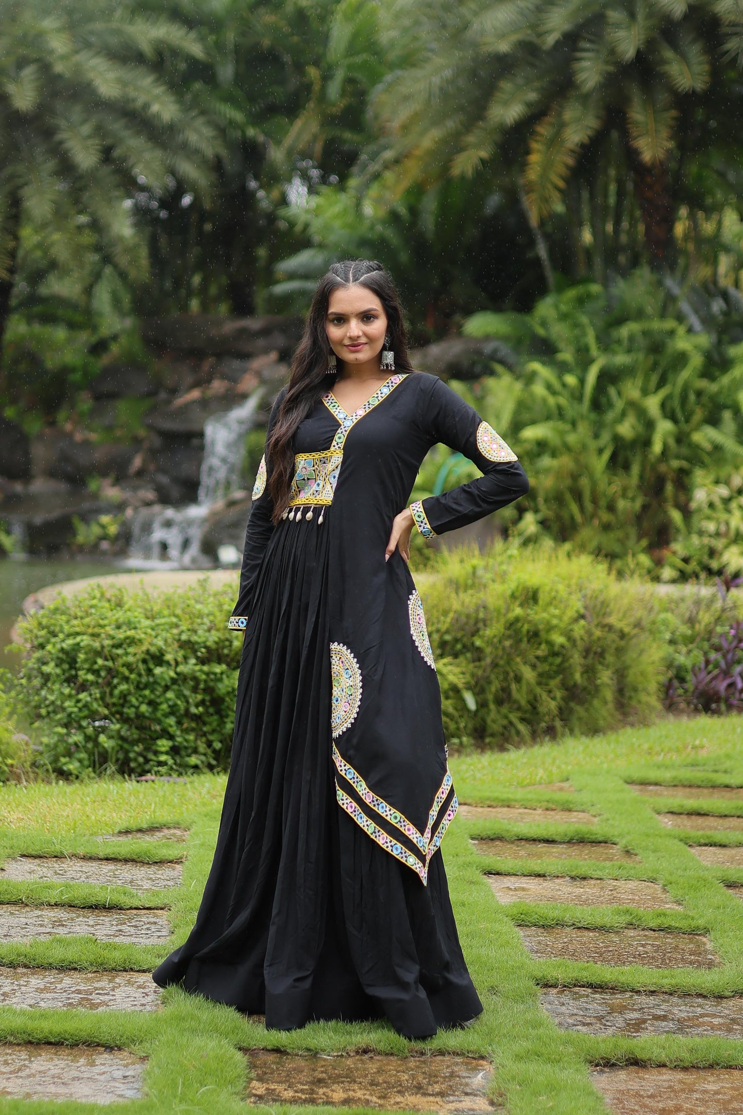 BLACK RAYON WITH KUTCHI GAMTHI LACE NAVARATRI GOWN