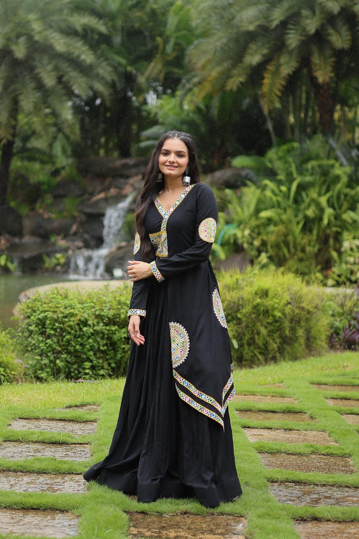 BLACK RAYON WITH KUTCHI GAMTHI LACE NAVARATRI GOWN