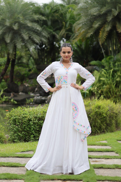 WHATE RAYON WITH KUTCHI GAMTHI LACE NAVARATRI GOWN