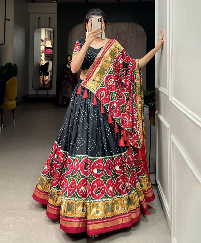TUSSAR SILK PATOLA PRINT WITH FOIL WORK BLACK COLOR LEHENGA CHOLI