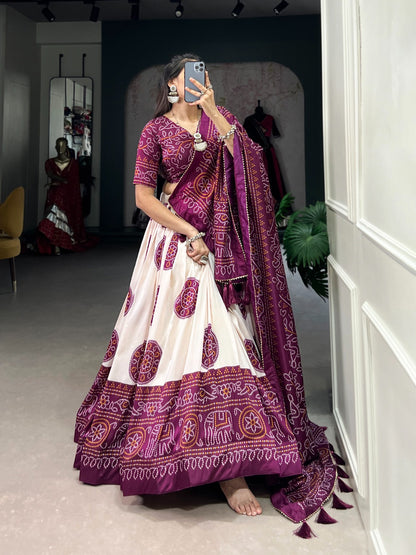 WINE COLOR BANDHEJ PRINT WITH TUSSAR SILK LEHENGA CHOLI