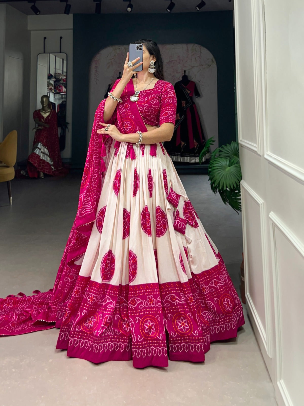 PINK COLOR BANDHEJ PRINT WITH TUSSAR SILK LEHENGA CHOLI