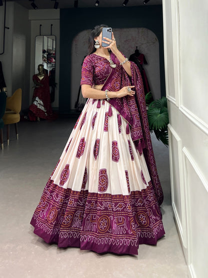 WINE COLOR BANDHEJ PRINT WITH TUSSAR SILK LEHENGA CHOLI
