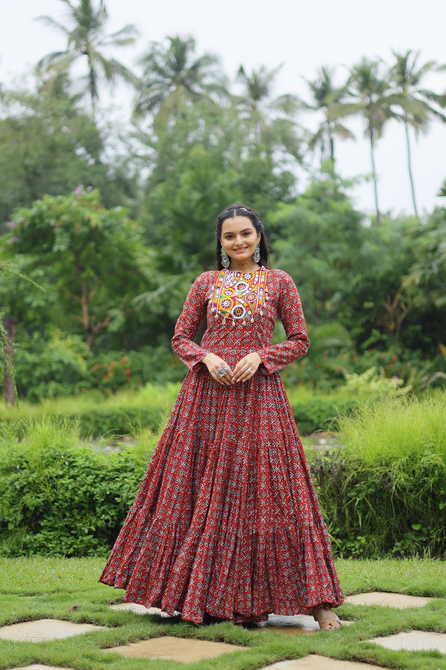 MAROON KODI LACE WITH COTTON PRINT NAVRATRI GOWN