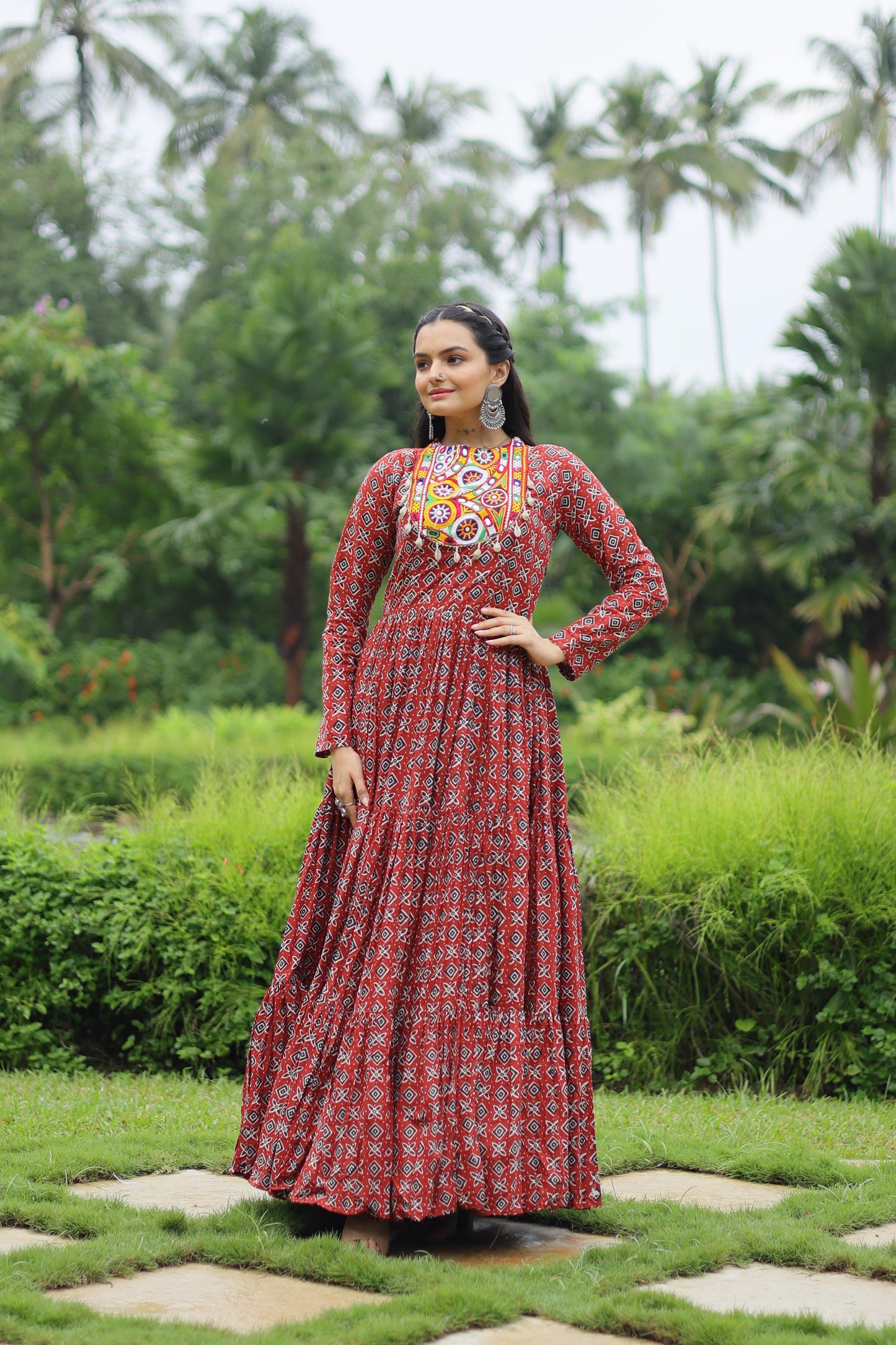 MAROON KODI LACE WITH COTTON PRINT NAVRATRI GOWN