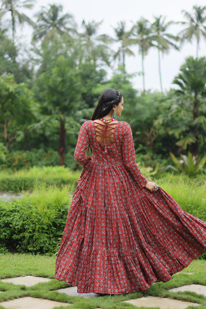 MAROON KODI LACE WITH COTTON PRINT NAVRATRI GOWN