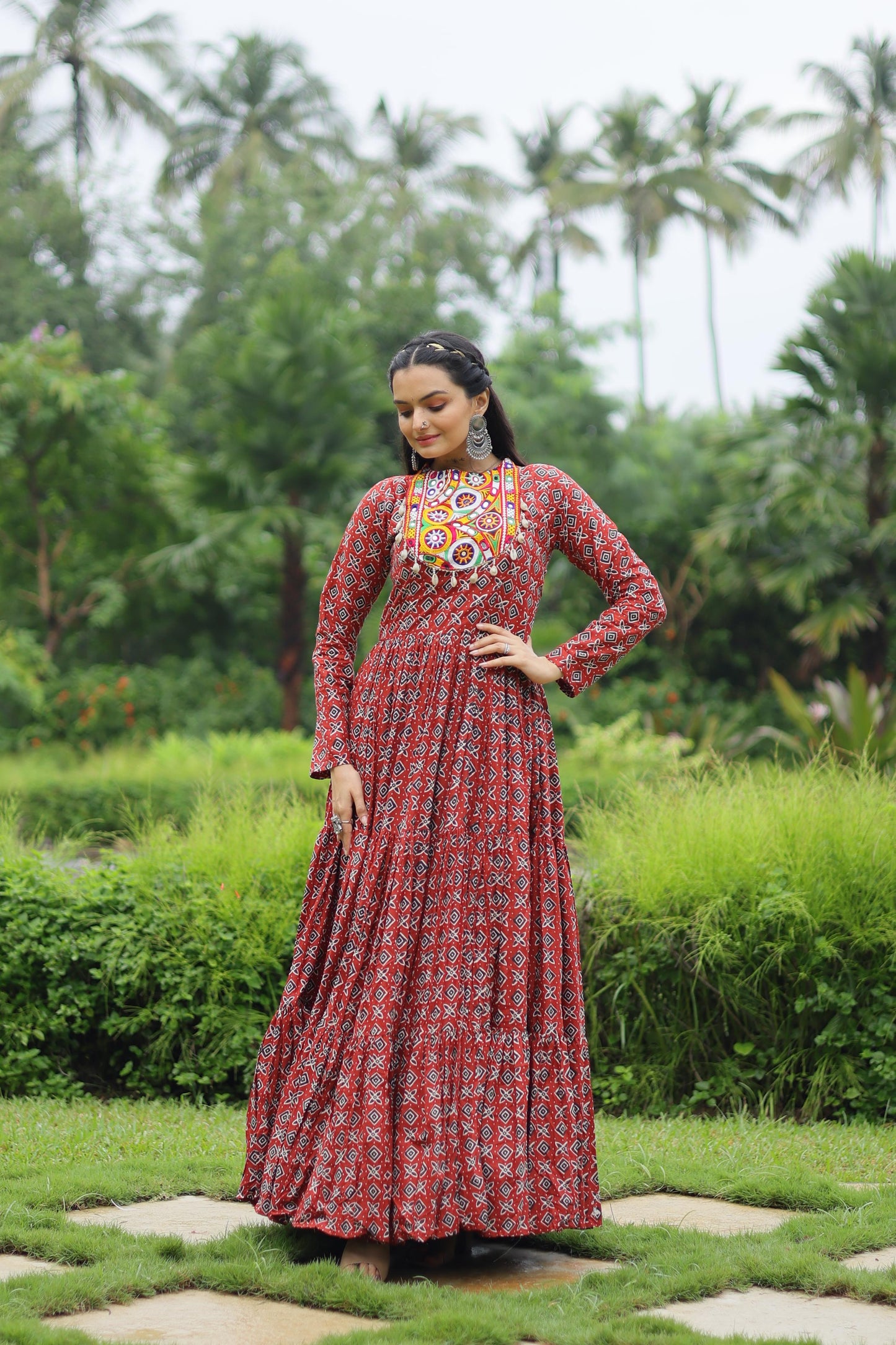 MAROON KODI LACE WITH COTTON PRINT NAVRATRI GOWN