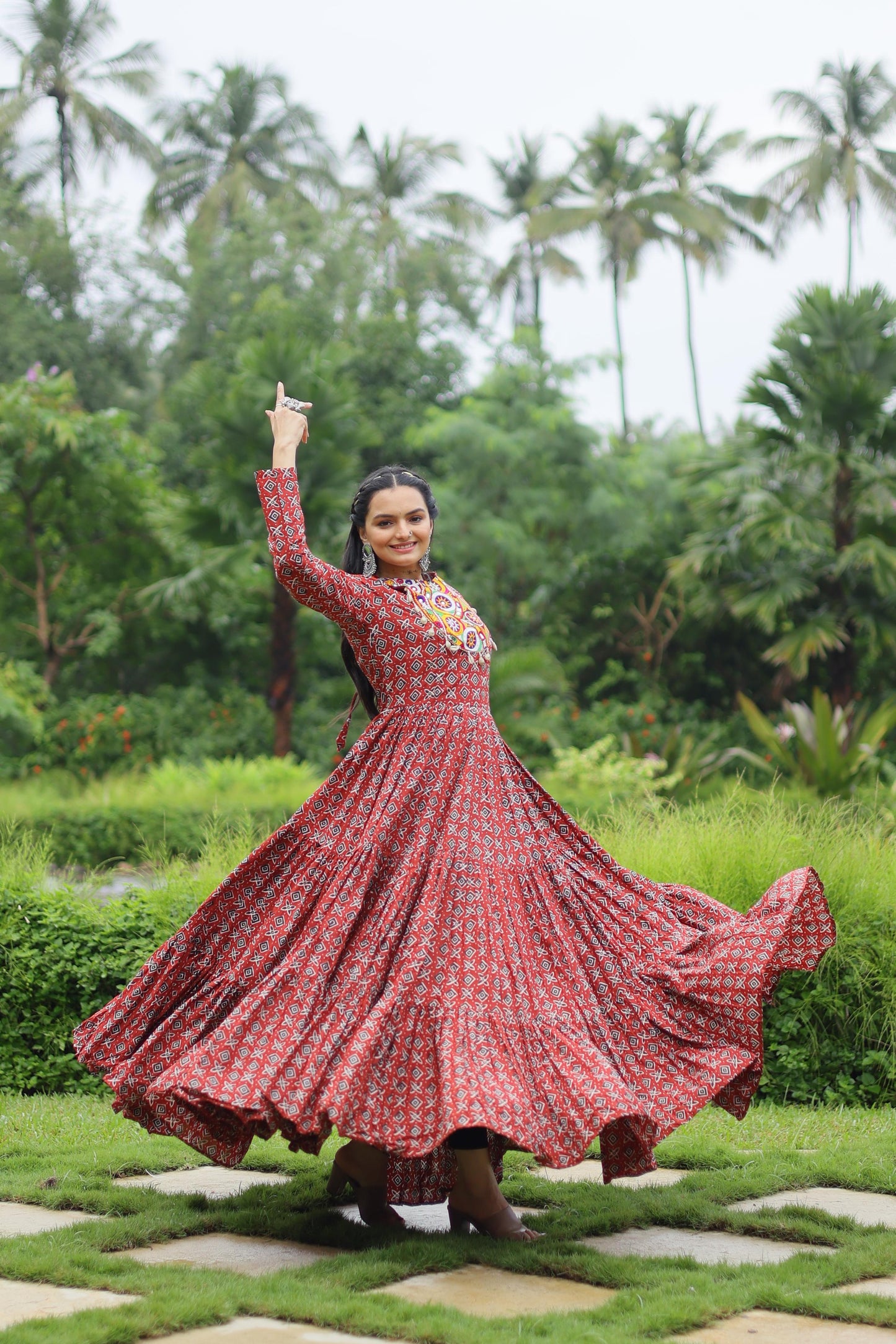 MAROON KODI LACE WITH COTTON PRINT NAVRATRI GOWN