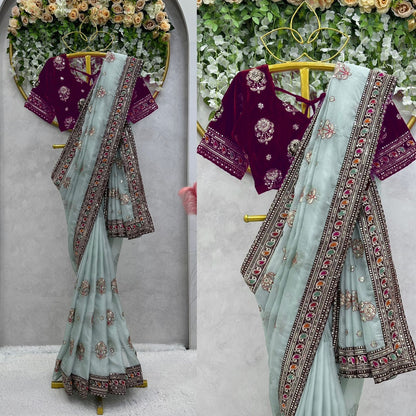 Light Blue & Dark Magenta Organga Silk Saree