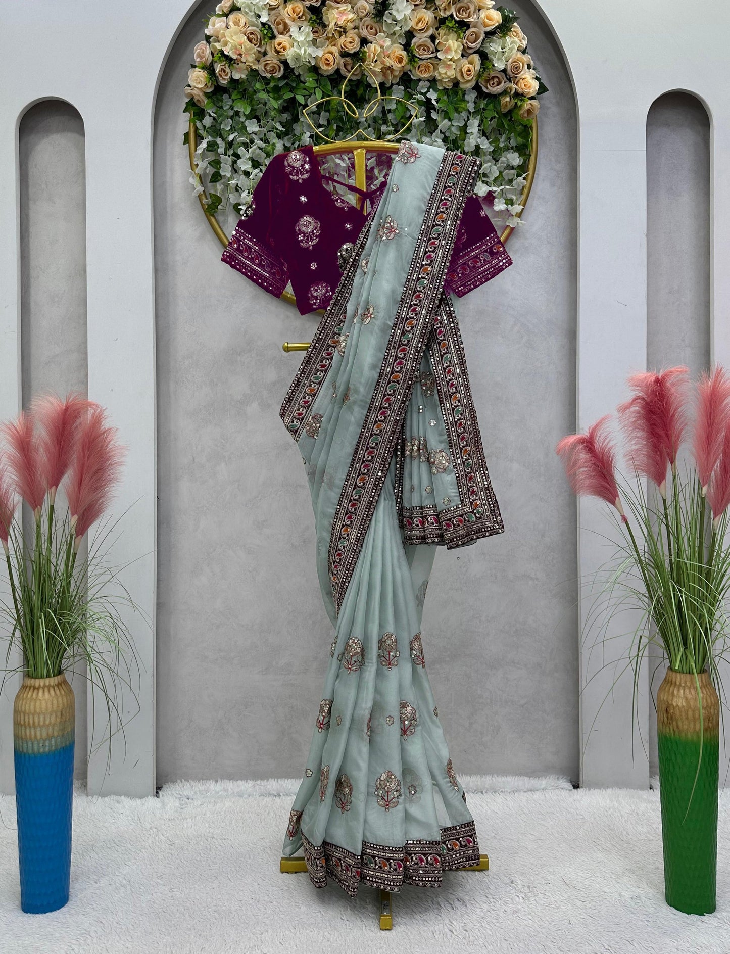 Light Blue & Dark Magenta Organga Silk Saree