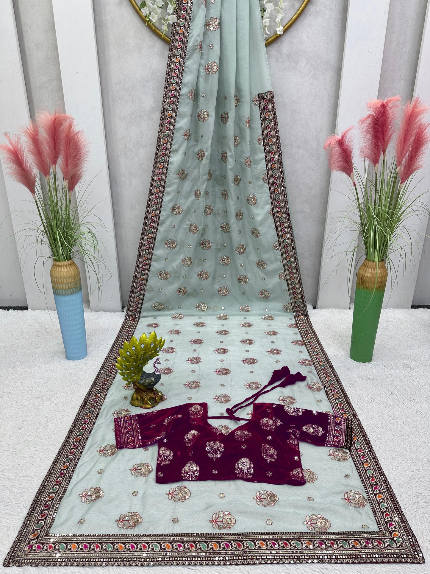 Light Blue & Dark Magenta Organga Silk Saree