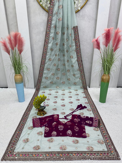 Light Blue & Dark Magenta Organga Silk Saree