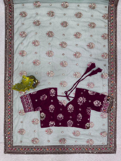 Light Blue & Dark Magenta Organga Silk Saree