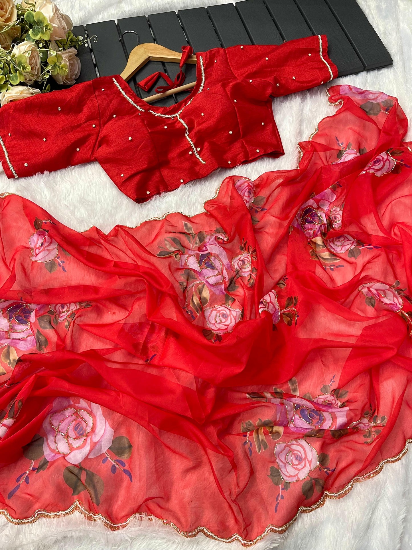 Red Floral print Organza Silk With Stiched Blouse Saree