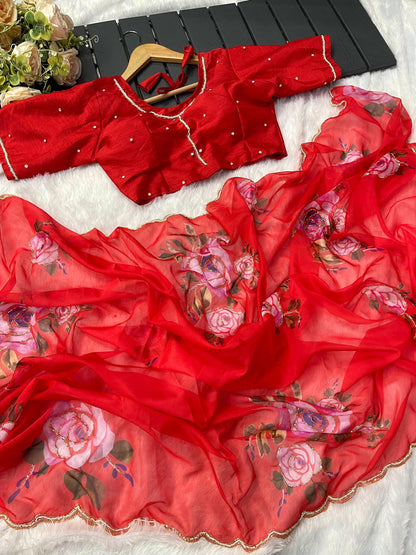Red Floral print Organza Silk With Stiched Blouse Saree