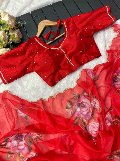 Red Floral print Organza Silk With Stiched Blouse Saree