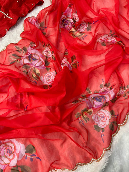 Red Floral print Organza Silk With Stiched Blouse Saree