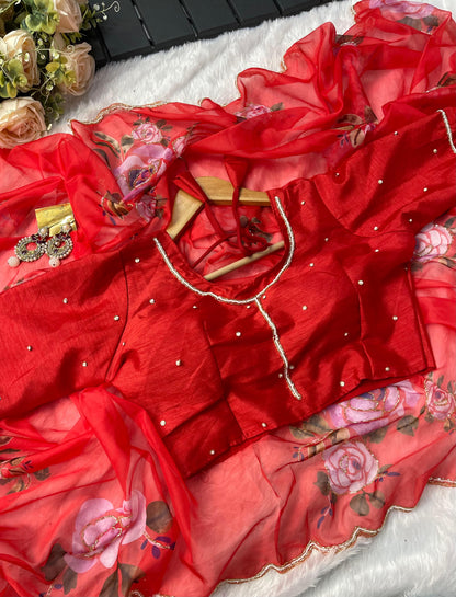 Red Floral print Organza Silk With Stiched Blouse Saree