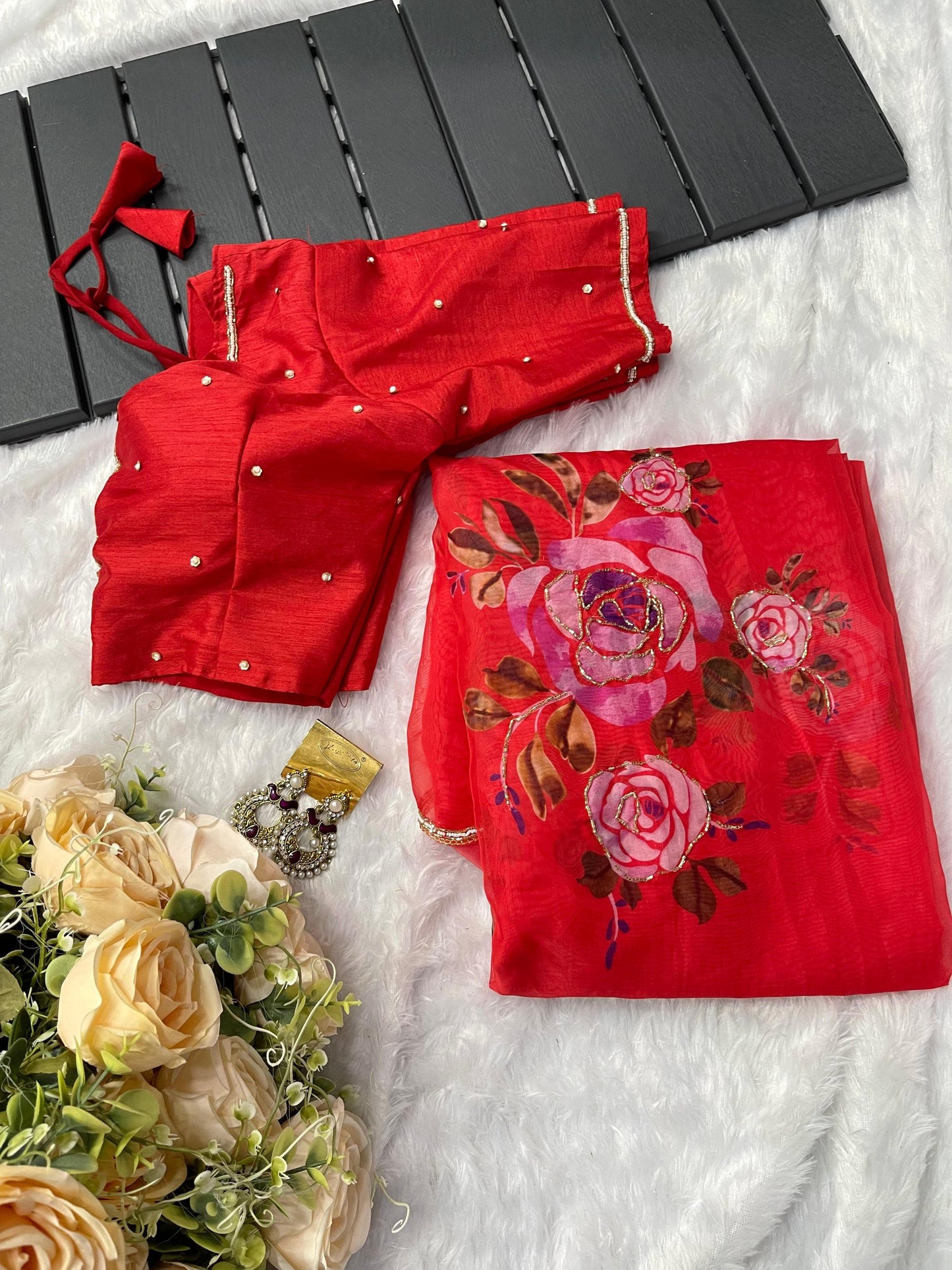 Red Floral print Organza Silk With Stiched Blouse Saree