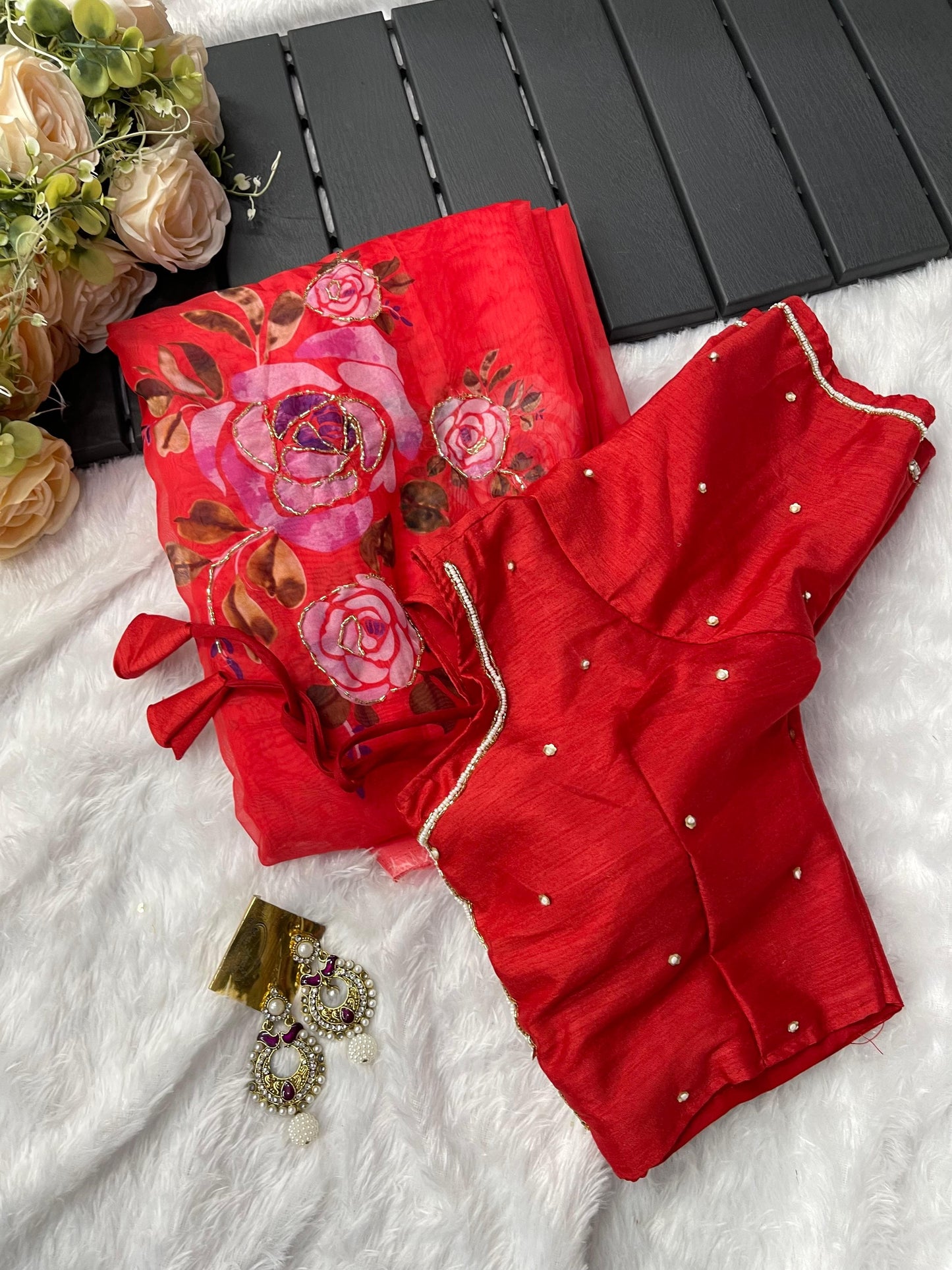 Red Floral print Organza Silk With Stiched Blouse Saree