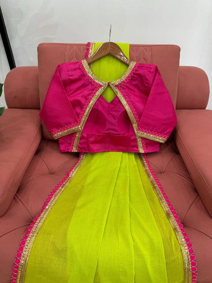 Neon & Pink Mul Cotton With Fancy Lace Saree