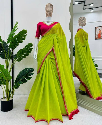 Neon & Pink Mul Cotton With Fancy Lace Saree