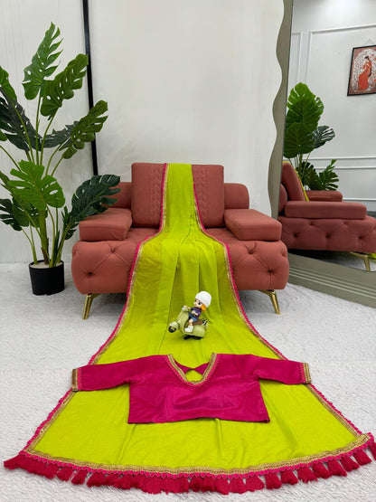 Neon & Pink Mul Cotton With Fancy Lace Saree