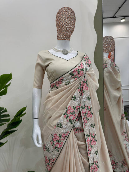Off White Roman Silk With Thred Work Saree