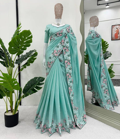Sky Blue Roman Silk With Thred Work Saree