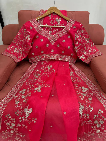 Red Tibby Silk With Thred & Sequnce Saree