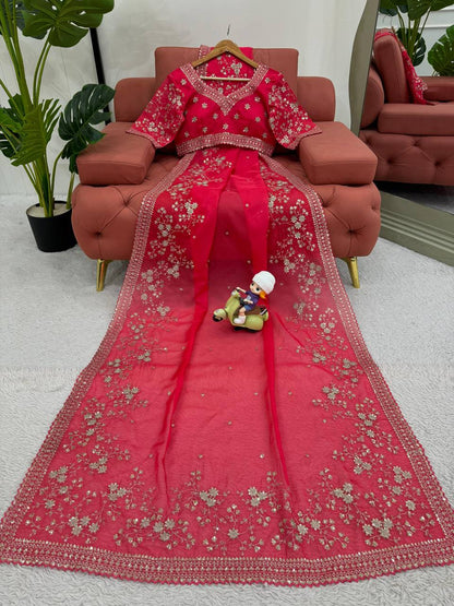 Red Tibby Silk With Thred & Sequnce Saree