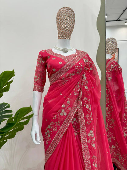Red Tibby Silk With Thred & Sequnce Saree