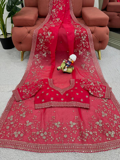 Red Tibby Silk With Thred & Sequnce Saree