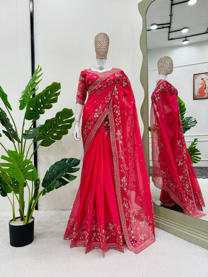 Red Tibby Silk With Thred & Sequnce Saree