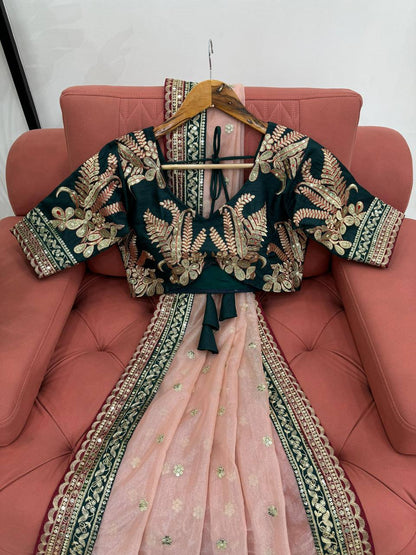 Peach Twill Net Thred Work Saree