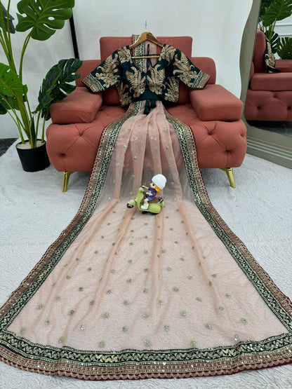 Peach Twill Net Thred Work Saree
