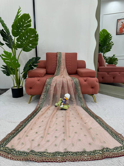Peach Twill Net Thred Work Saree