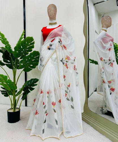 White Tibby Silk With Digital Print Saree