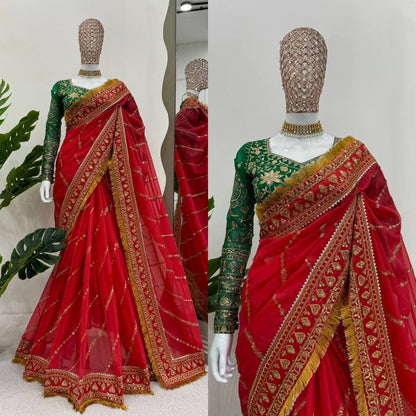 Red Organza Silk With Fancy Lace Saree