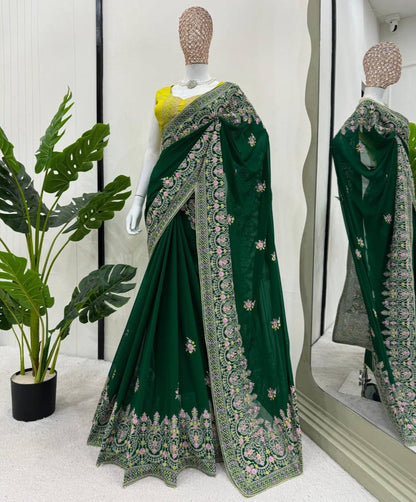 Green Faux Georgette With Piping Saree