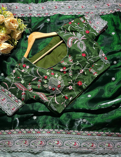 Dark Green Pure Soft Jimmy Chu Silk Saree
