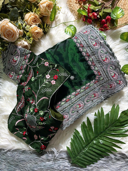 Dark Green Pure Soft Jimmy Chu Silk Saree