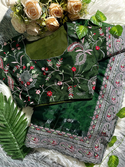Dark Green Pure Soft Jimmy Chu Silk Saree