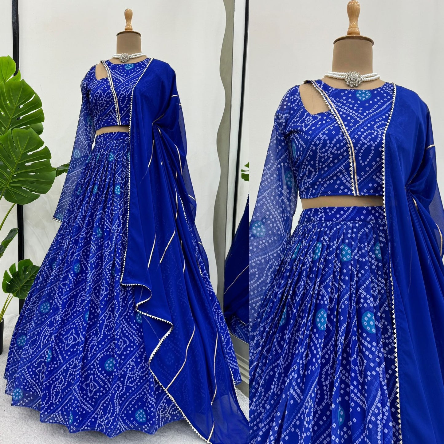 Blue Faux Gorgette Bandhani Print Lehenga