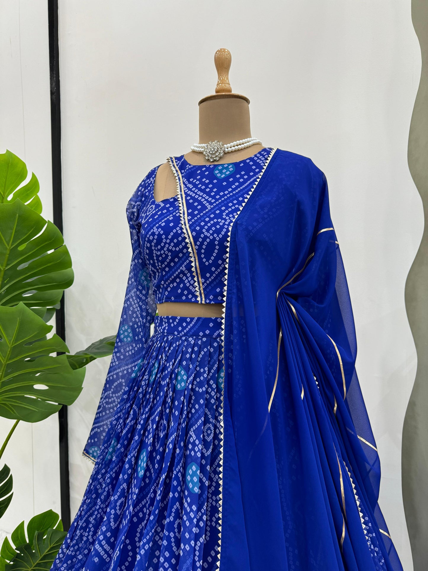 Blue Faux Gorgette Bandhani Print Lehenga